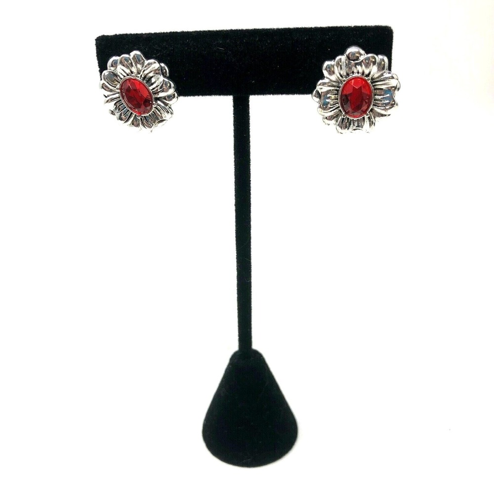 Avon Earrings Silvertone Antiqued Floral July Birthstone Red Color‎ Push Back